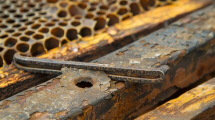 A metal beekeeping tool with a sharp hook perfect for lifting and separating hive frames.