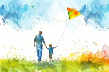 Fathers Day card with cute watercolor illustration of dad with son fly a kite and walking together