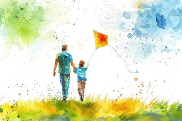 Fathers Day card with cute watercolor illustration of dad with son fly a kite and walking together