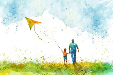 Fathers Day card with cute watercolor illustration of dad with son fly a kite and walking together