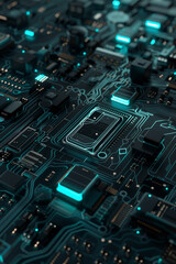 A detailed view of a circuit board with clean lines and glowing blue accents.