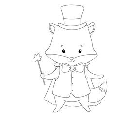 Cute baby circus fox magician. Funny forest animal in vintage costume. Hand drawn isolated line illustration for coloring book
