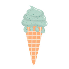 Cute ice cream. Melting ice cream ball in the waffle cone. Vector illustration isolated on white background.