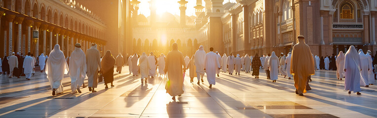 Thousands of Devout Muslims Embark on a Spiritual Pilgrimage to the Sacred Masjid Haram in Mecca sunset on background