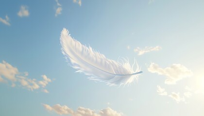 A delicate white feather floating in the sky with a backdrop of soft clouds, symbolizing lightness, freedom, and tranquility, ideal for serene and peaceful themes.