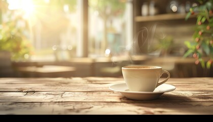 A serene morning coffee setting with a steaming cup of coffee on a rustic wooden table, bathed in warm sunlight.