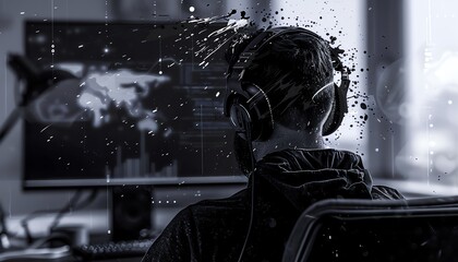 A programmer wearing headphones intensely coding at a computer in a dark, modern office setting with digital interface graphics overlay.