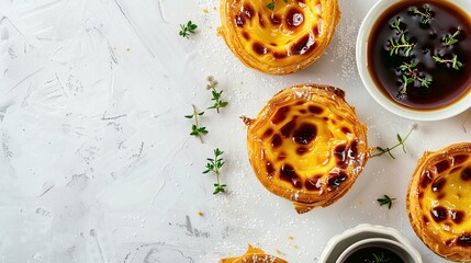 top view of typical Portuguese dessert pastry Pastel de Nata. Generative Ai