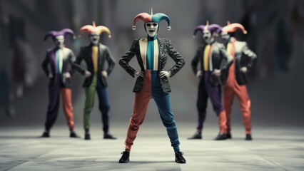 A group of joker characters in colorful costumes standing next to each other, AI
