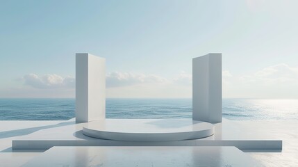 White marble podium with sea view on background.Minimalist Elegance: White Circular Stage Overlooking the Sea