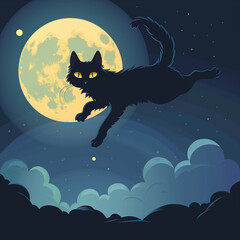 Black Cat Leaping Over a Moonlit Sky Background for Mysterious and Eerie Imagery