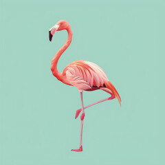 Fototapeta premium Pink Flamingo Standing Over a Pale Aqua Background for Tropical and Stylish Design
