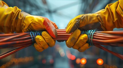 Close-up of hands wearing protective gloves working on a bundle of wires with a blurred industrial background. Focus on teamwork and precision.