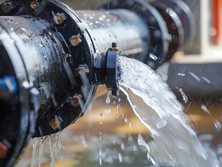 Close-up of industrial pipes leaking water, highlighting maintenance issues and infrastructure challenges in urban water supply systems.