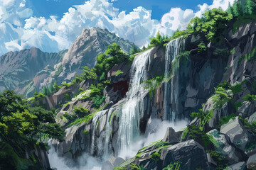 Obraz premium Generative ai on theme of beautiful majestic waterfall in natural nature, national park attraction