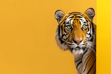 A tiger is looking at the camera through a yellow wall. The tiger is the main focus of the image, and the yellow wall serves as a contrasting background. Concept of curiosity and wonder