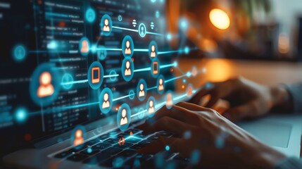 Hands typing on a laptop with a digital network of people on the screen.