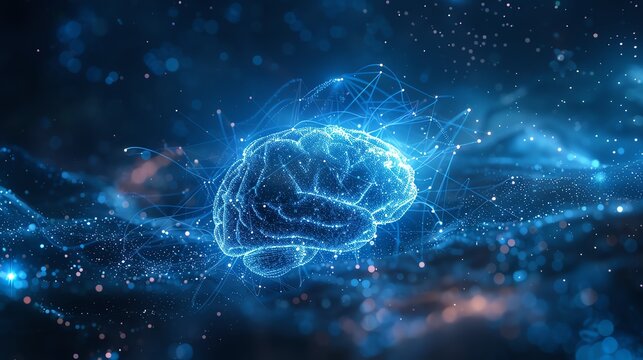 Abstract digital brain illustration, glowing blue, representing intelligence, technology, and innovation.