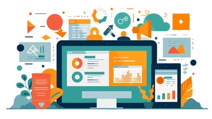 Digital marketing illustration with computer, tablet, charts and icons.