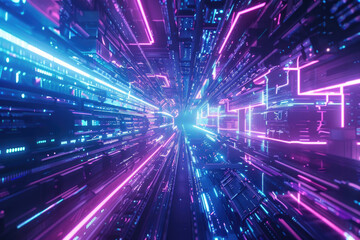 A quantum-inspired realm with neon purple and blue lights creating a futuristic ambiance