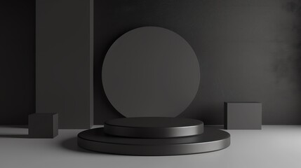 Minimalist black podium and geometric shapes in a dark studio. Perfect background for product display or graphic design.