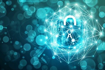 Blue digital lock in a network of interconnected lines, illustrating secure digital connections and data integrity.
