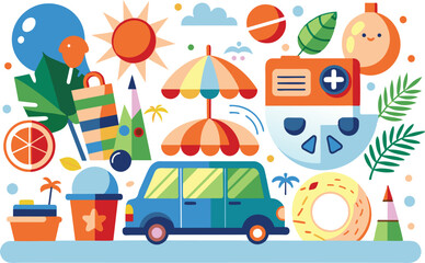Naklejka premium Summer and vacation elements, flat illustration, vector illustration.