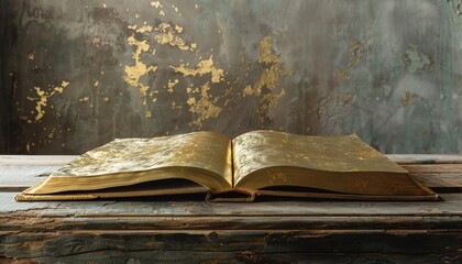 Open ancient book with gilded pages on wooden surface and grungy background, evoking a sense of history, wisdom, and old knowledge.