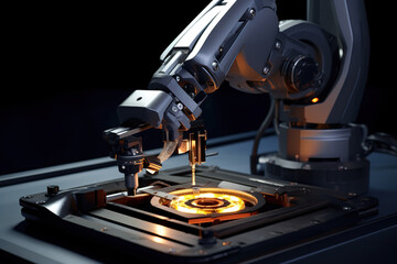 Naklejka premium Generative ai on theme of beautiful robot inserts microchip for design natural abstract background