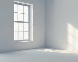 Sunlight streaming through a minimalist white room's window, casting shadows on the floor and walls, creating a serene and tranquil atmosphere.