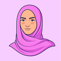 illustration of a beautiful young Muslim woman wearing a pink hijab and rosy cheeks