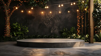 Empty wooden tabletop set in a lush home backyard garden, perfect for outdoor parties. The scene is inviting with greenery and festive elements, offering space for your text or product display