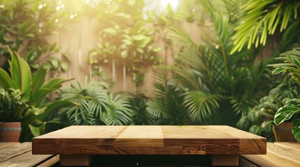 An empty wooden tabletop set against a lush, green backyard garden background, perfect for showcasing products or text. The serene, nature-inspired setting offers a tranquil and inviting atmosphere.