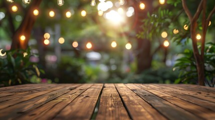 Empty wooden tabletop set in a lush home backyard garden, perfect for outdoor parties. The scene is inviting with greenery and festive elements, offering space for your text or product display