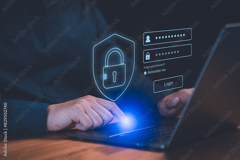 Poster Cyber ​​security and digital data protection technology concept. Man use a laptop computer type the username and password. User privacy security and protect personal data internet network.