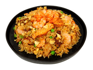 Chinese special egg fried rice meal with prawns and Char Sui pork meat