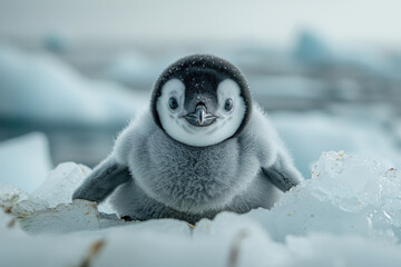 A baby penguin standing on ice, looking up with wide eyes