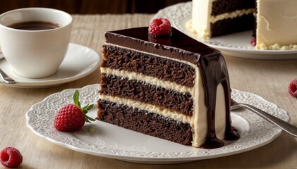 A slice of chocolate cake with white frosting is on a white plate