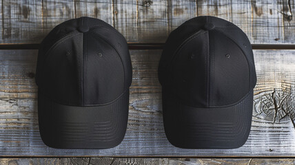 Two black baseball caps on a wooden table background