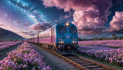 A blue train travels on tracks through a field of purple flowers 