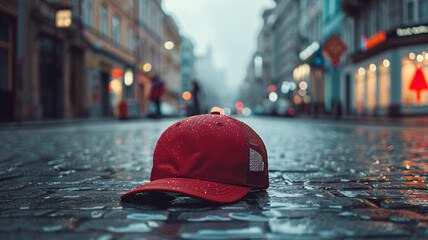 Red hat on wet city street