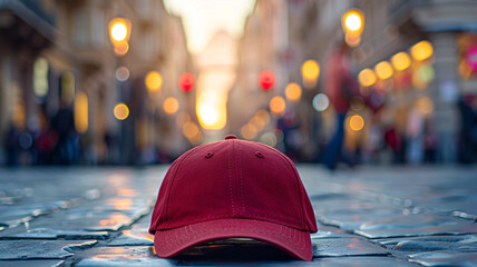 Red cap on cobblestone city street