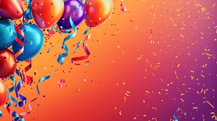 Vibrant invitation banner for a lively party, showcasing a festive celebration mood with colorful decorations, balloons, confetti, and ample blank copy space for personalized text and event details.