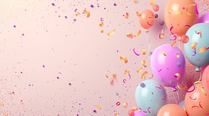 Vibrant invitation banner for a lively party, showcasing a festive celebration mood with colorful decorations, balloons, confetti, and ample blank copy space for personalized text and event details.