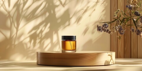 photograph, productive view, cylinder podium with perfume, solid dark black background, realism light setting, natural lighting, contrast photo of stock, place of the text, mockup template