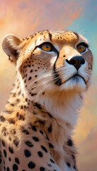 Fantasy Illustration of a wild animal cheetah. Digital art style wallpaper background in pastel colors.