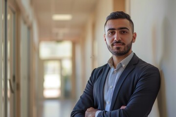 Fototapeta premium Confident Middle Eastern Man in Office Hallway: Portrait in Corporate Casual Attire