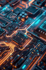 Obraz premium A detailed view of a circuit board with clean lines and glowing blue accents.