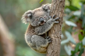 A baby koala clinging to a eucalyptus tree, looking sleepy
