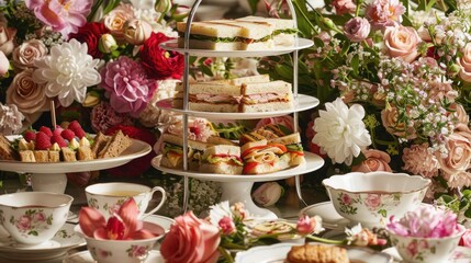 A refined afternoon tea service with tiered trays of sandwiches and pastries, served on fine amidst a backdrop of elegant floral arrangements,
